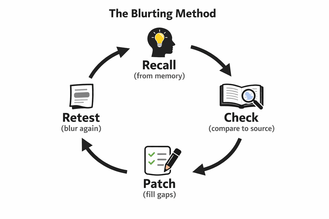 A four-step diagram of the blurting cycle: recall, check, patch, and retest.