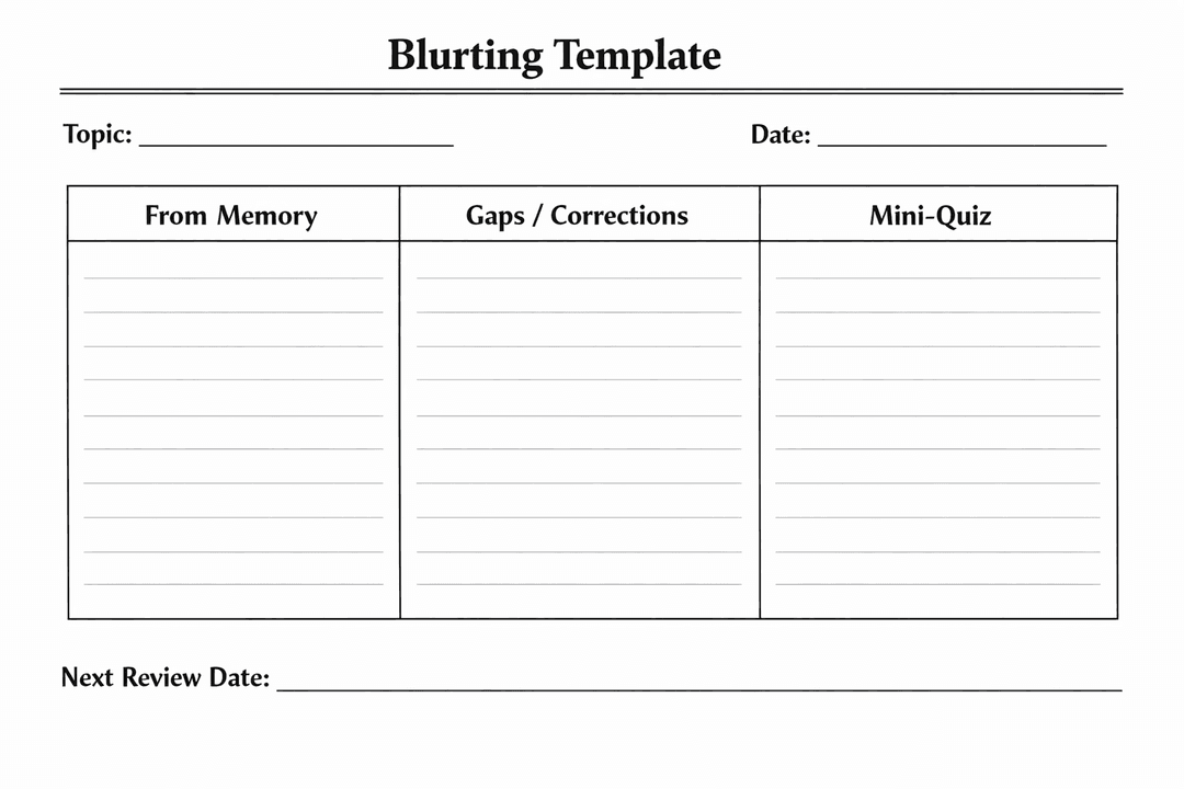 A blank blurting template page with sections for topics, recalled points, gaps, and next review date.