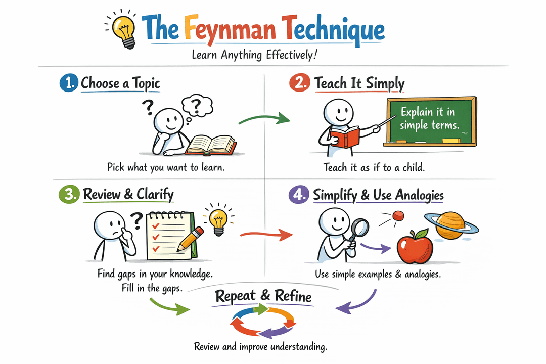 Illustration of the Feynman Technique learning method with simple diagrams and explanations