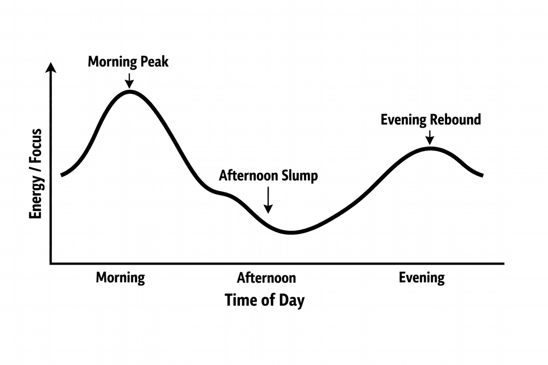 Example daily energy curve showing typical peaks and dips for focused study.
