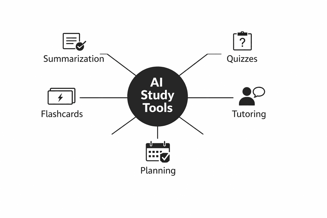 Mind map of common AI study tools: summarization, practice quizzes, flashcards, tutoring, and planning.