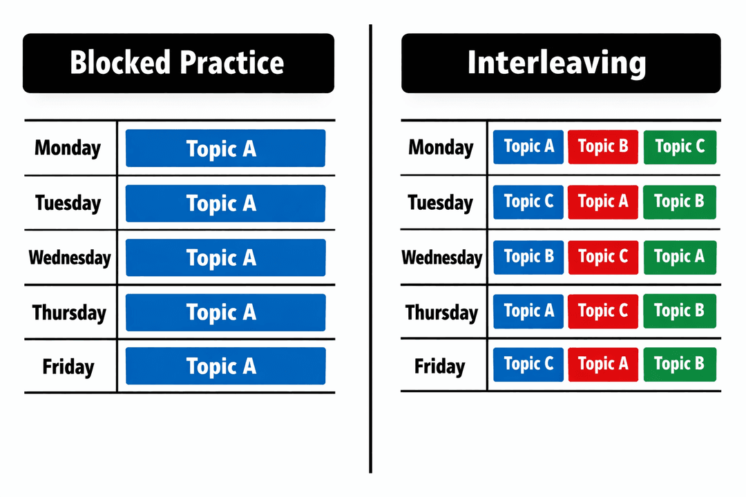 Side-by-side diagram comparing blocked practice versus interleaved practice across a week.
