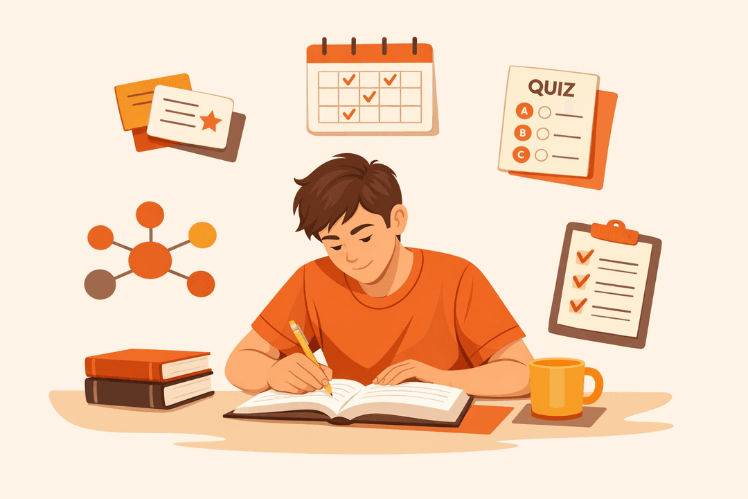 Student surrounded by icons representing various effective study techniques