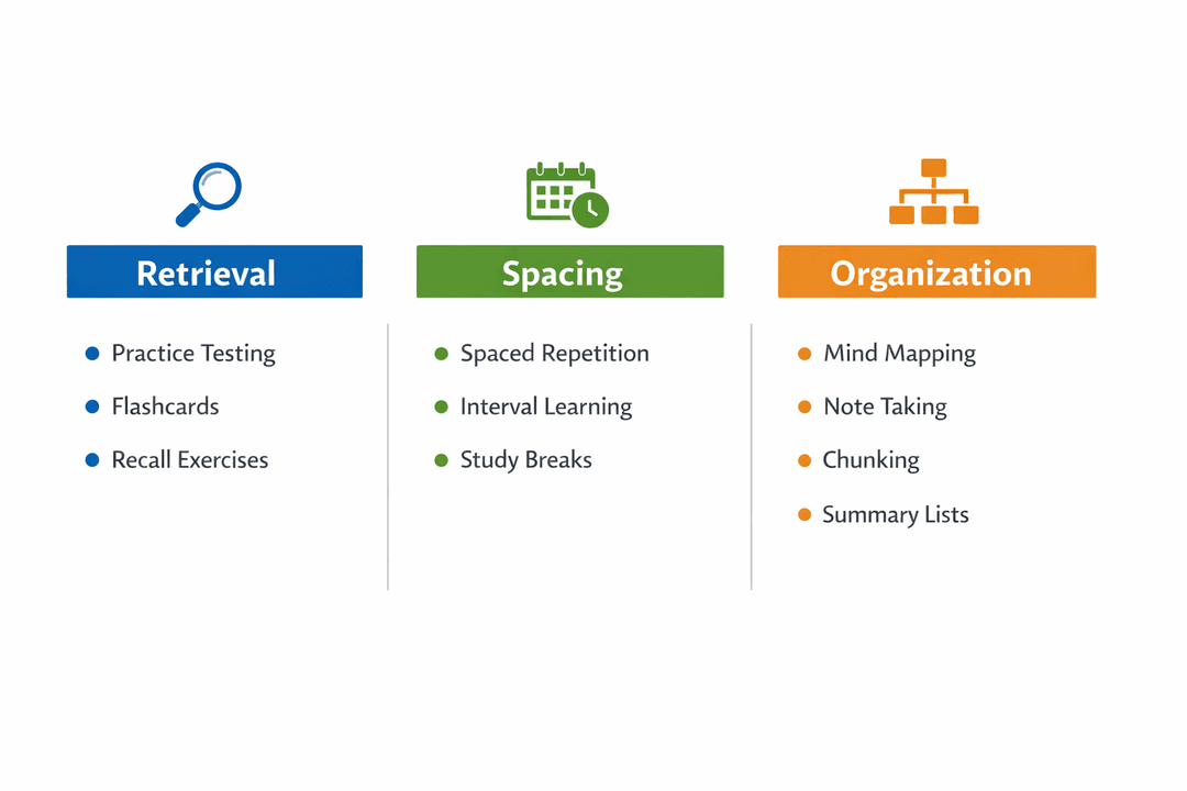 Overview diagram of 10 science-backed study techniques grouped by retrieval, spacing, and organization.