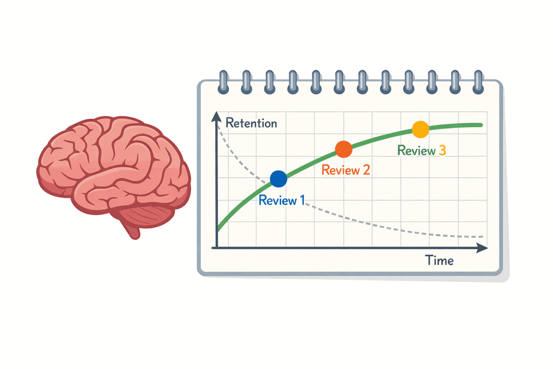 Illustration showing the spaced repetition learning curve with brain and calendar icons