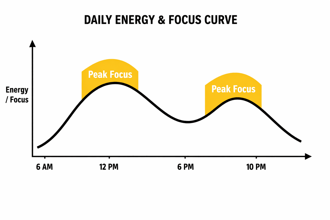 Daily energy curve highlighting peak focus windows