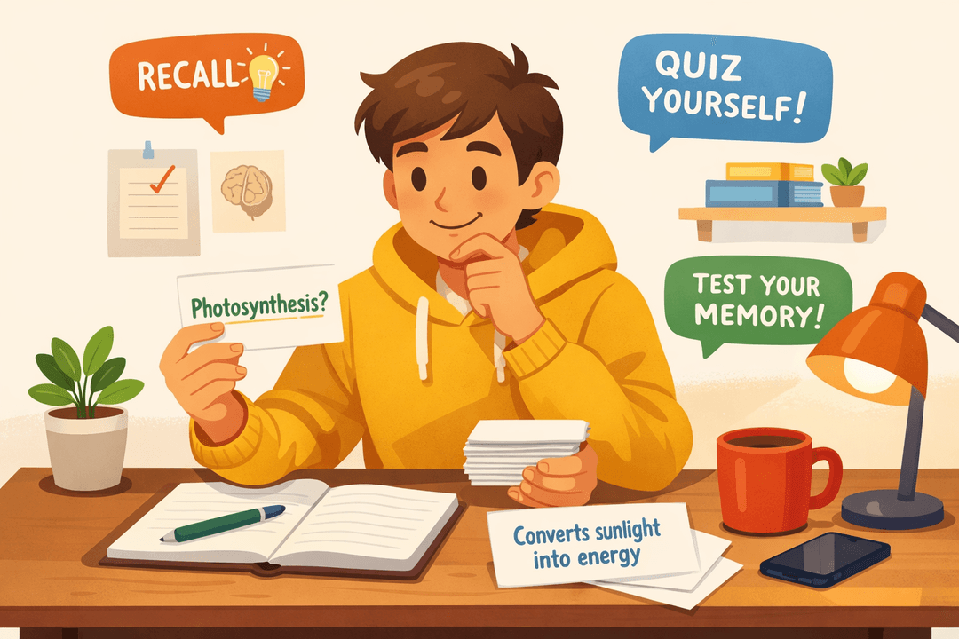 Student practicing active recall study technique with flashcards and notes